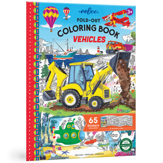 eeBoo Fold-Out Vehicles Coloring Book with 65 stickers, featuring yellow excavator and colorful transportation scenes