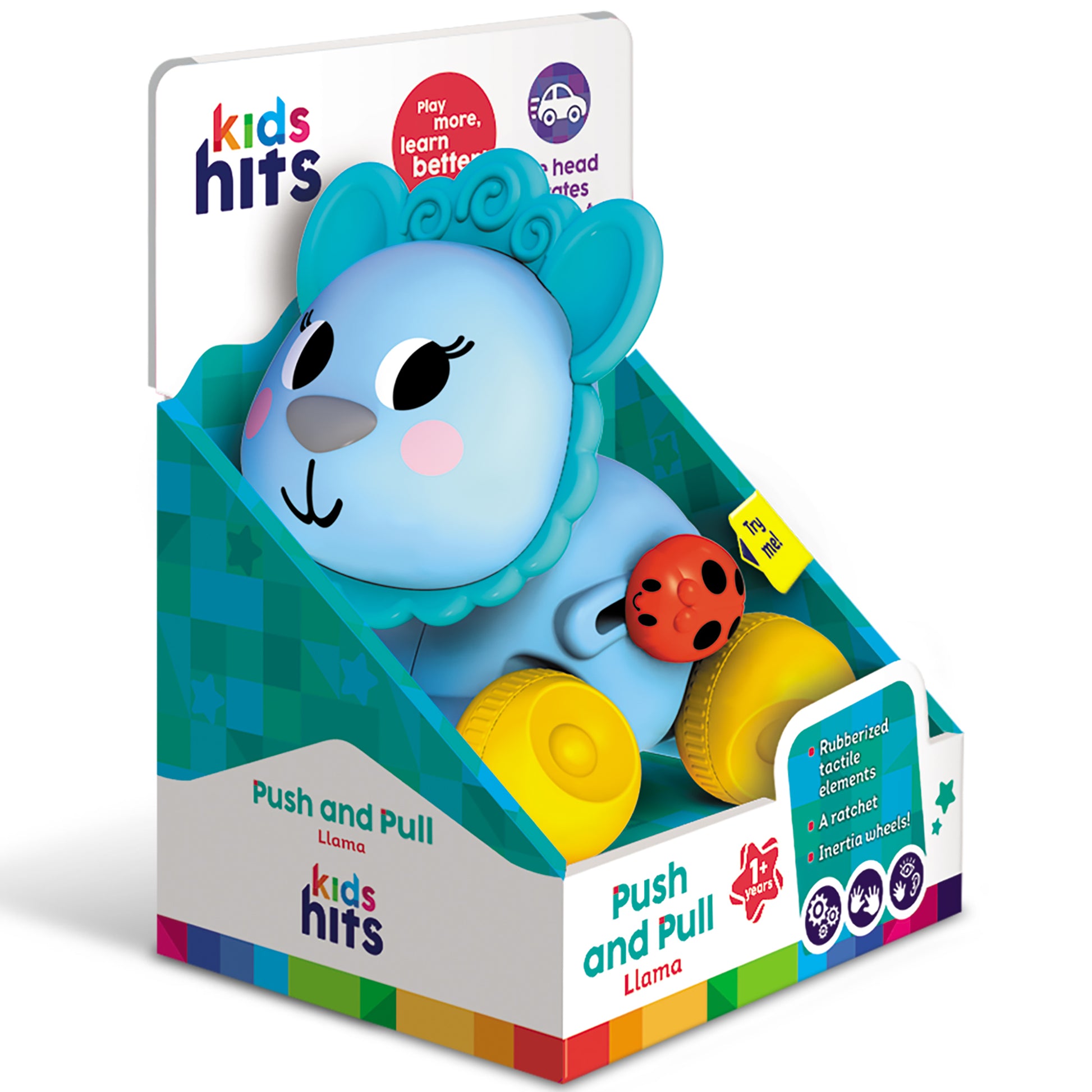 Kids Hits Push and Pull Llama toy with blue body, yellow wheels, and rotating head