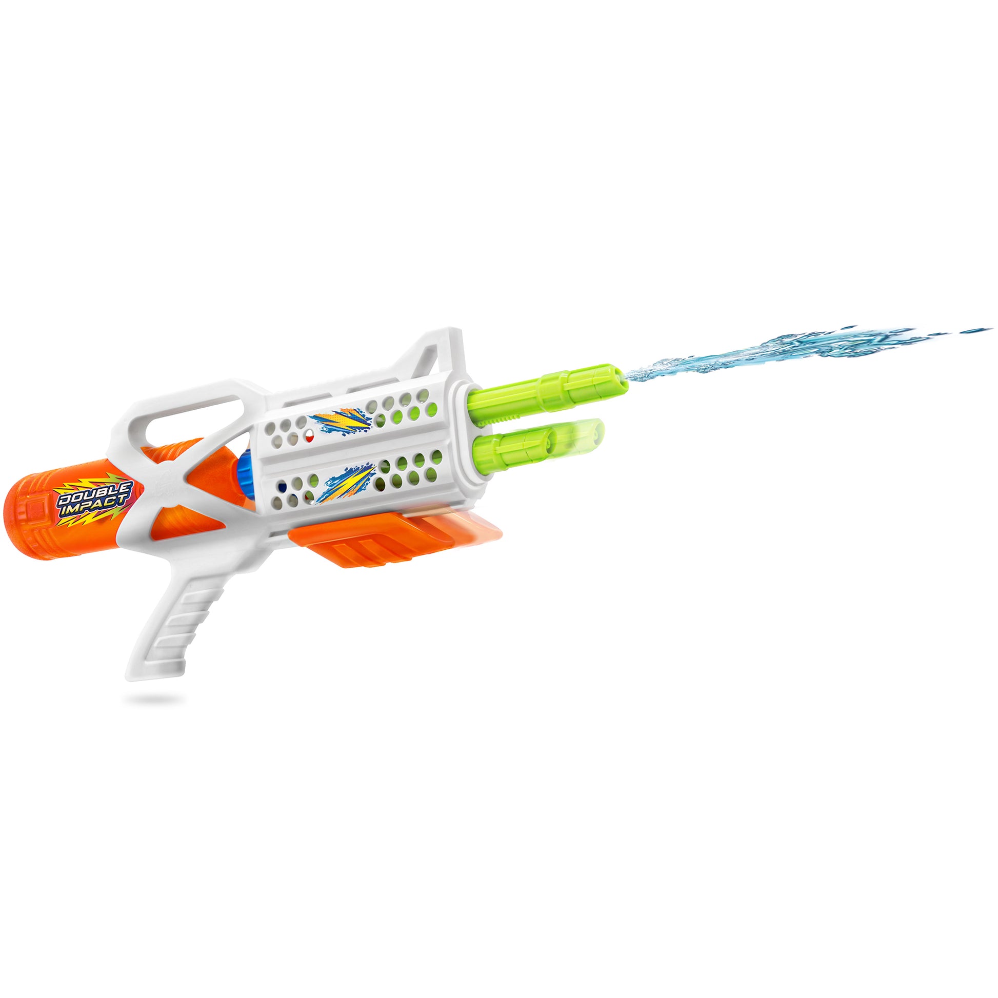 Water Blaster Double Impact toy gun with orange and white design, shooting water stream