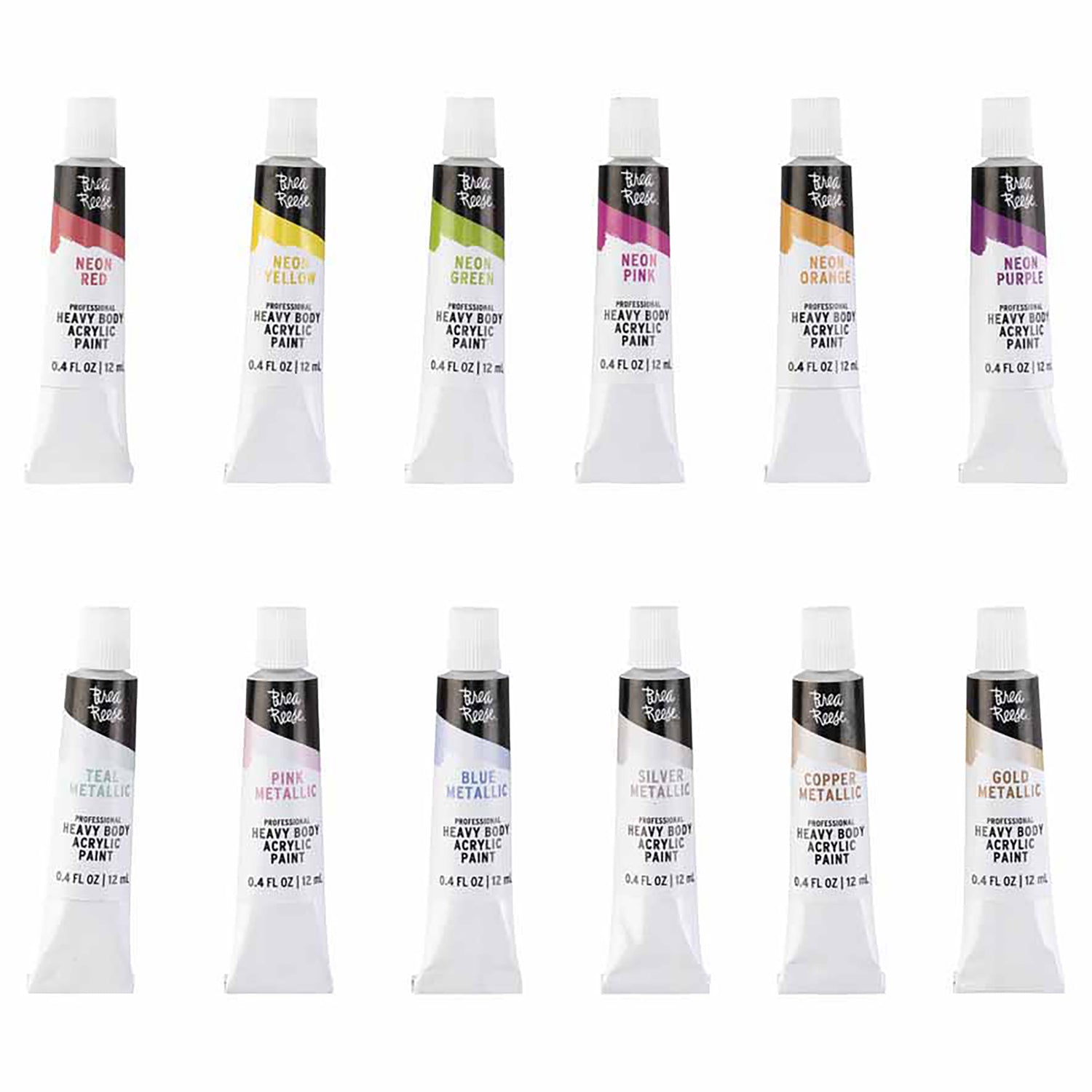 Black Rooke Professional Heavy Body Acrylic Paint set with 12 neon and metallic colors