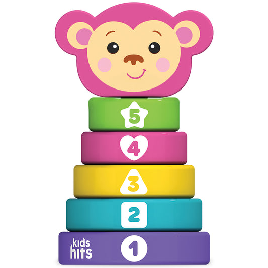 Kids Hits Stack & Play Monkey wooden stacking toy with numbered rings 1-5 in bright colors