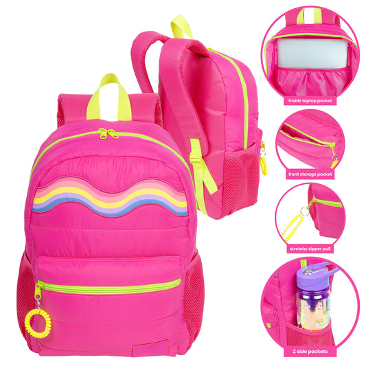 Hot pink puffer backpack with rainbow wavy stripe design, yellow accents, and mesh side pockets, shown front and back with feature callouts for laptop pocket, f