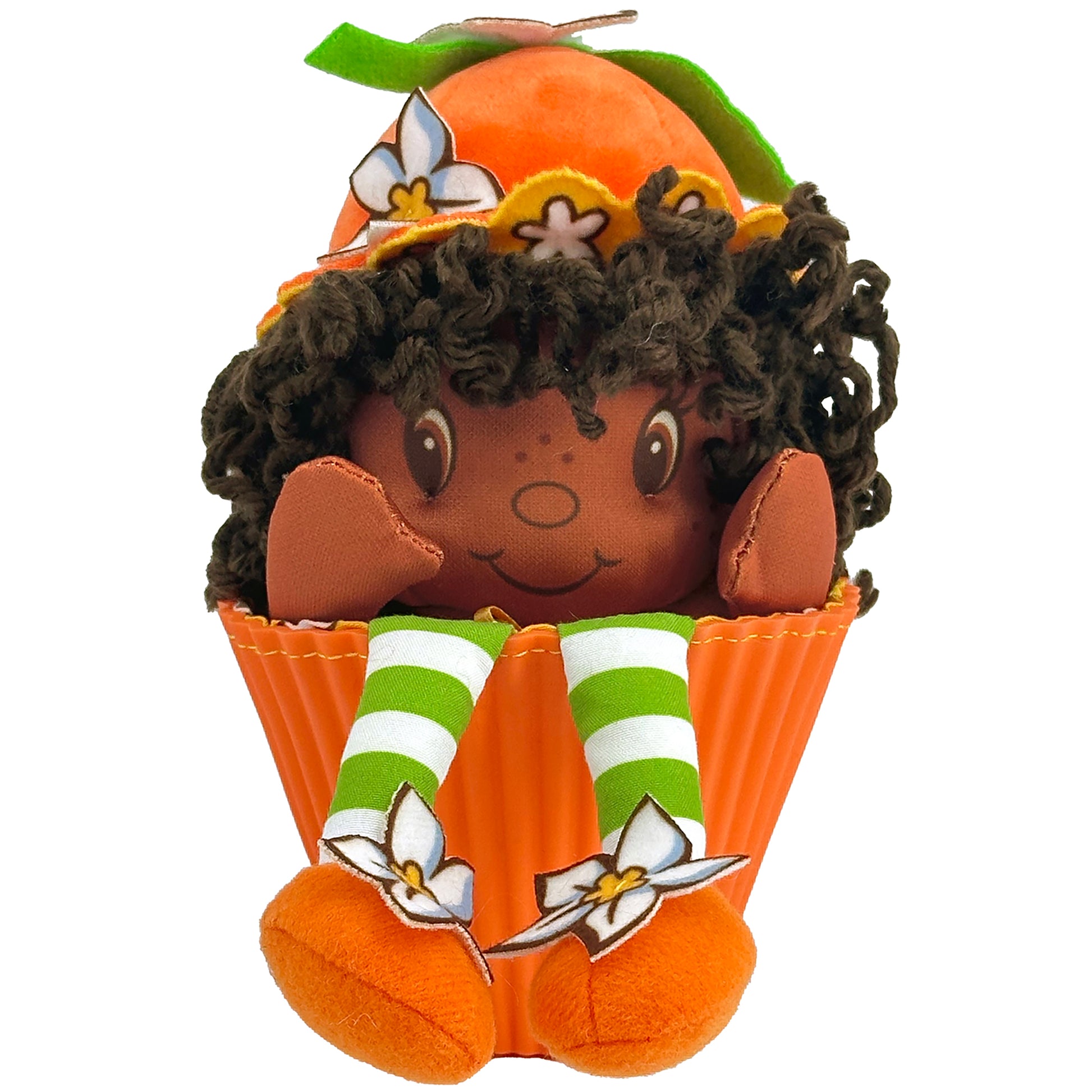 Orange Blossom 9-inch Pop 'n' Flip plush doll with curly brown hair, orange outfit, and striped green socks