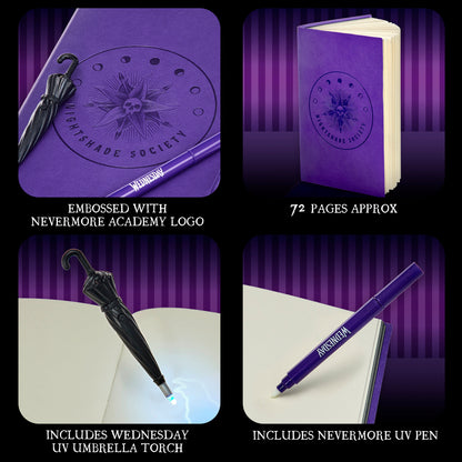 Secret Reveal Journal: Wednesday Nightshade Society purple hardcover with embossed logo, UV pen, and umbrella torch