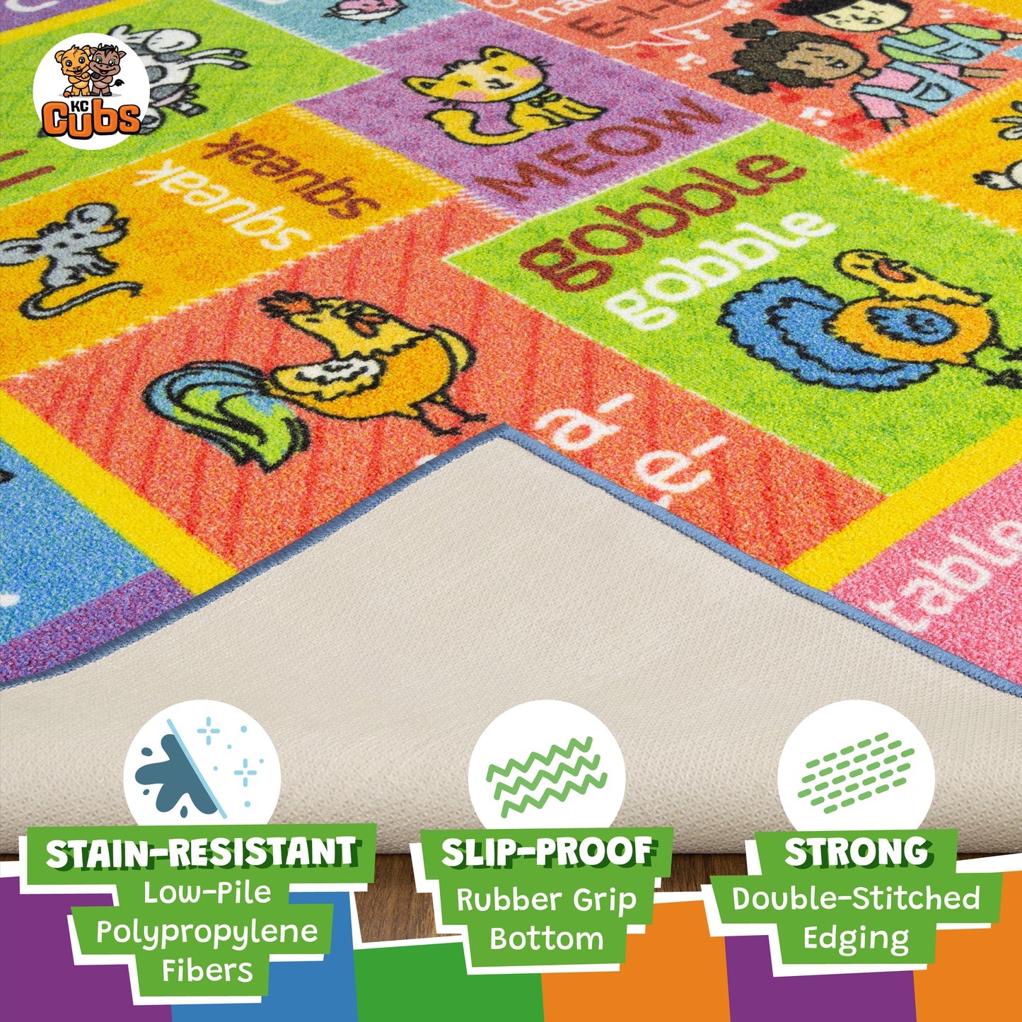 KC Cubs ABC Alphabet Animal Sounds Educational Rug in bright multicolored design with animals and letters