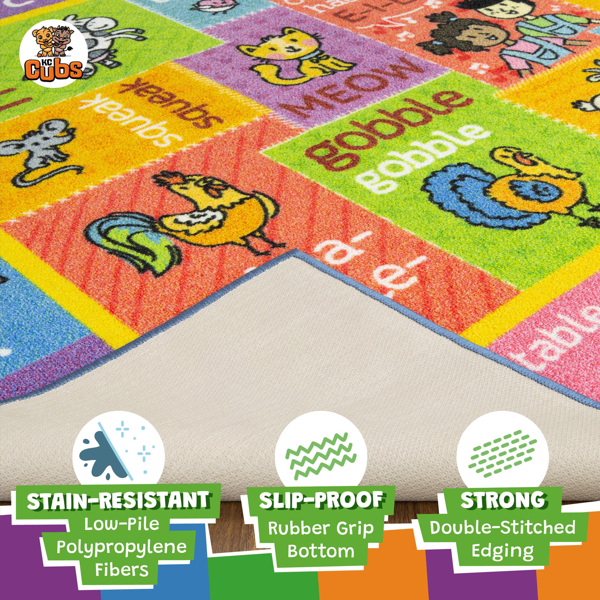 KC Cubs ABC Alphabet Animal Sounds Educational Rug in bright multicolored design with animals and letters