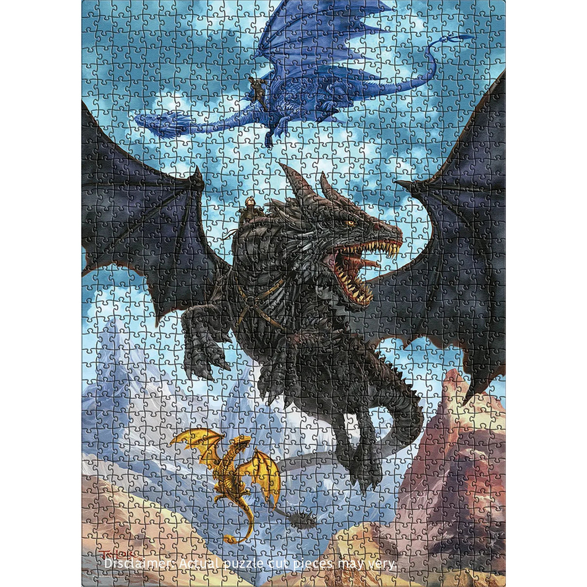 Eurographics Fourth Wing Violet Dragon Rider 1000 piece jigsaw puzzle featuring dark dragon and blue sky