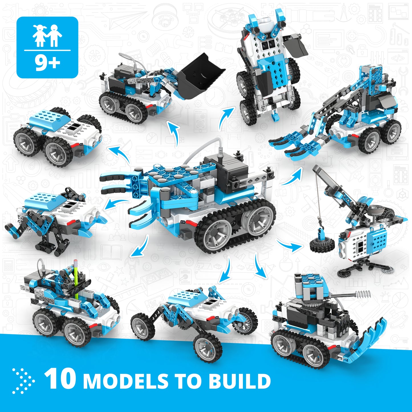 Engino Ginobot motorized robot building kit with 10 blue and black models displayed