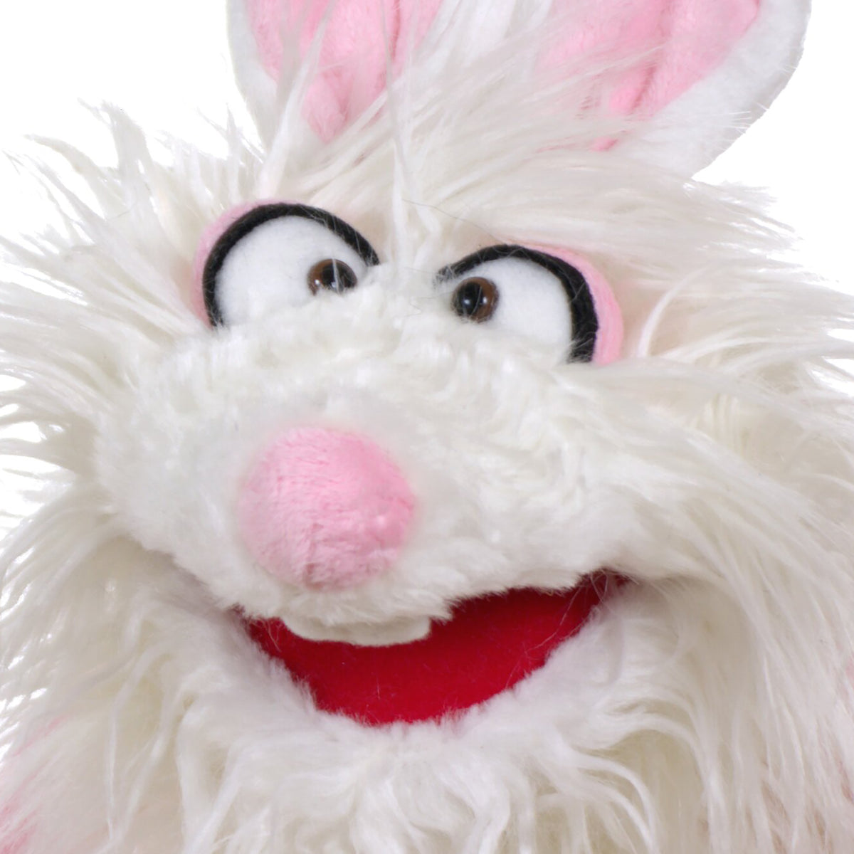 Living Puppets Furball white bunny rabbit hand puppet with pink nose, red mouth, and black eyes