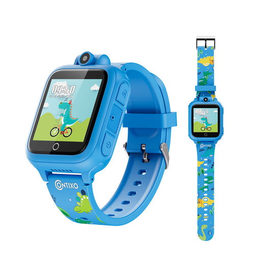 Contixo kids smart watch with blue case, HD touchscreen displaying dinosaur on bicycle, front and side views shown with colorful dinosaur-patterned band