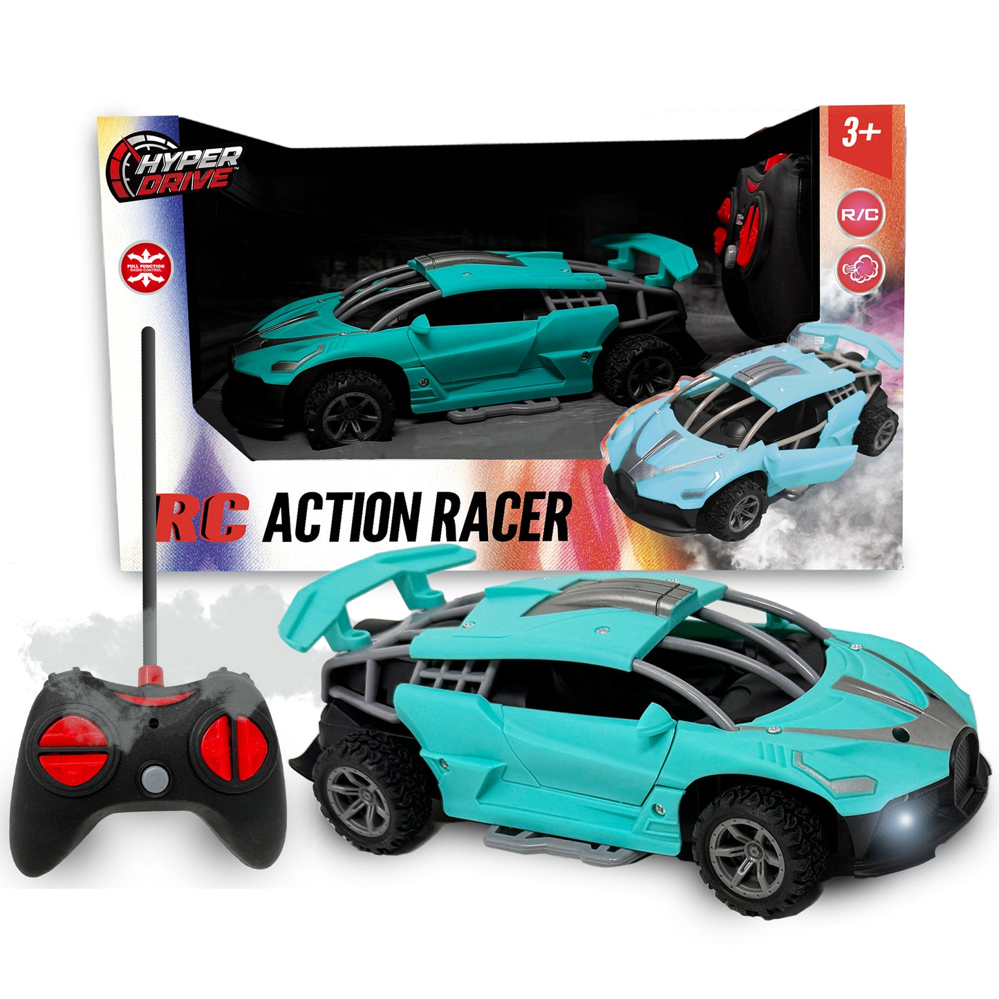 Thin Air Brands Hyper Drive RC - Teal 1:24 - Radio Control Stunt Car with Smoke Vapor