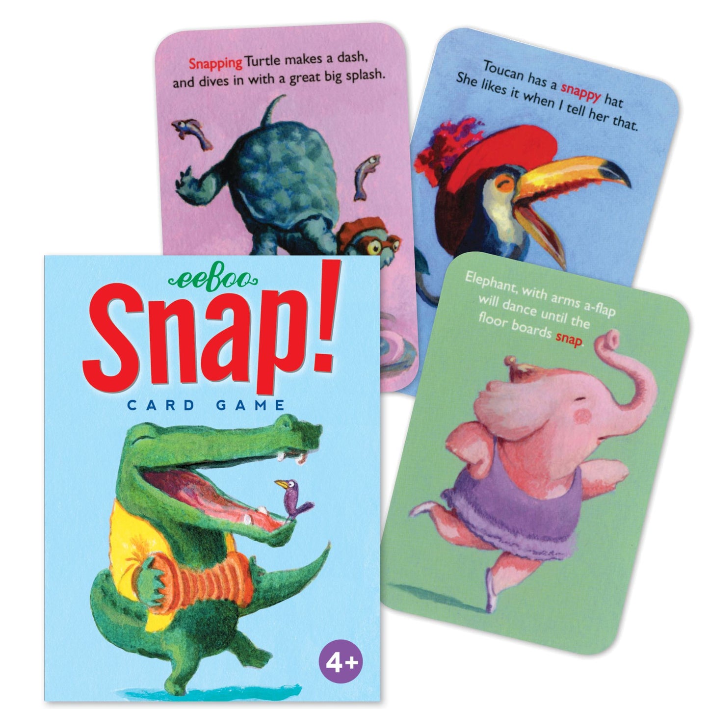 Snap Playing Cards game showing colorful animal cards including turtle, toucan, and elephant with red text