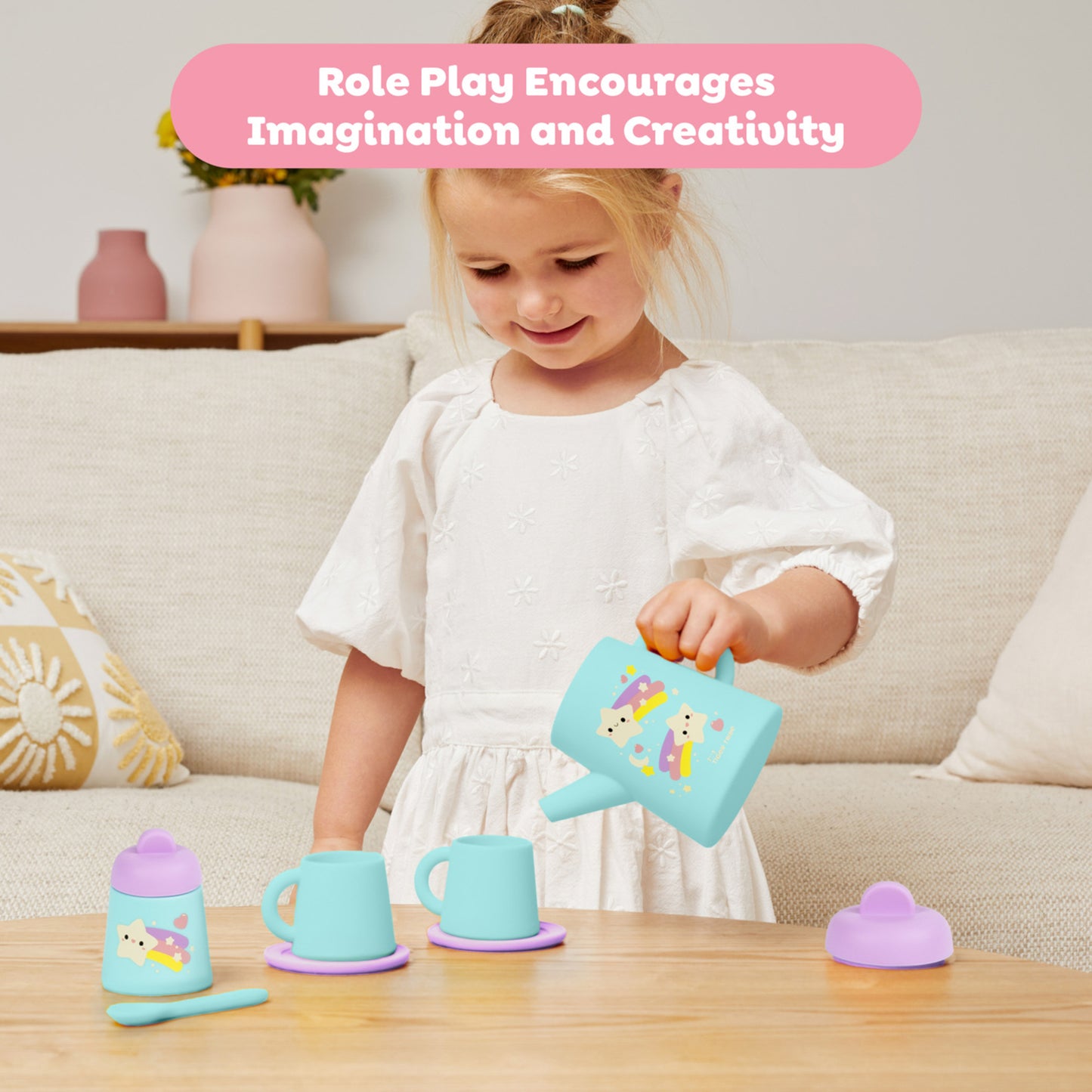 Tiger Tribe Silicone Tea Set 9pc Starlight Party in turquoise and purple, BPA-free toddler pretend play toy
