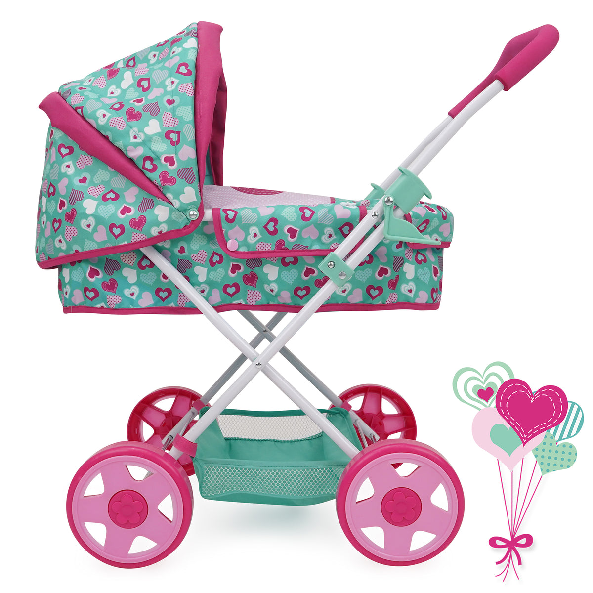 Mint Heart Daisy Doll Pram in pink and green with heart pattern canopy, pink wheels, and storage basket