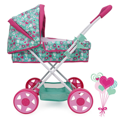 Mint Heart Daisy Doll Pram in pink and green with heart pattern canopy, pink wheels, and storage basket