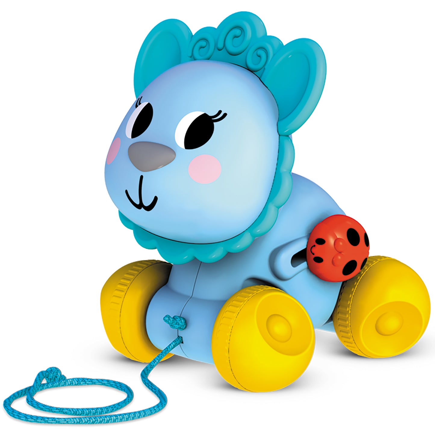 Blue Push & Pull Llama toy with yellow wheels and red ball, pull string