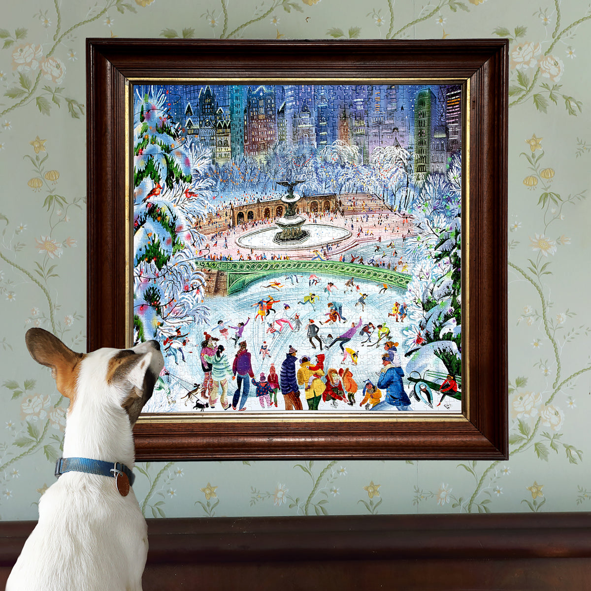 eeBoo New York City Skaters 1000 piece puzzle featuring snowy Central Park scene with skaters and cityscape
