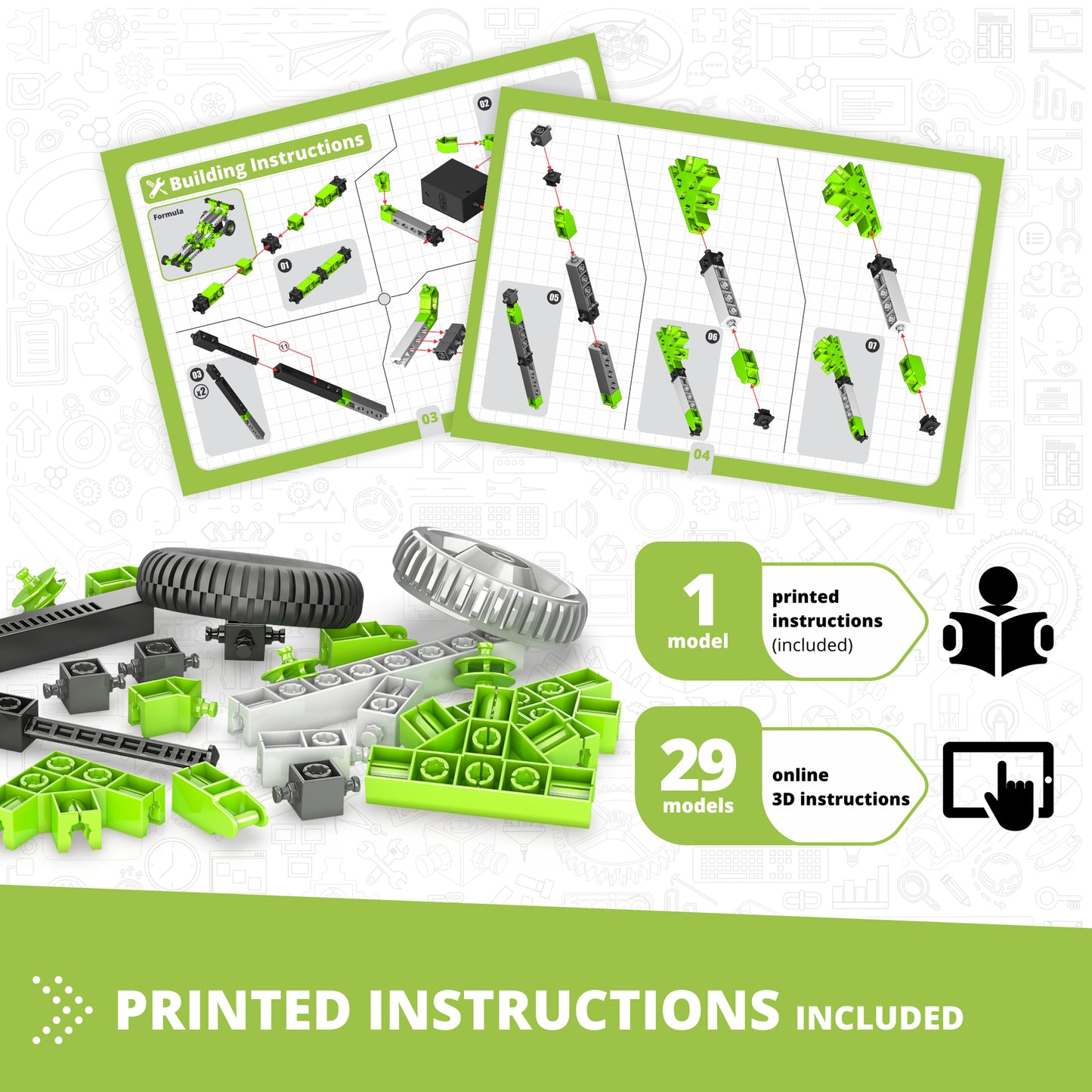 Engino Creative Builder 30-in-1 motorized green and black STEM construction toy set with building instructions