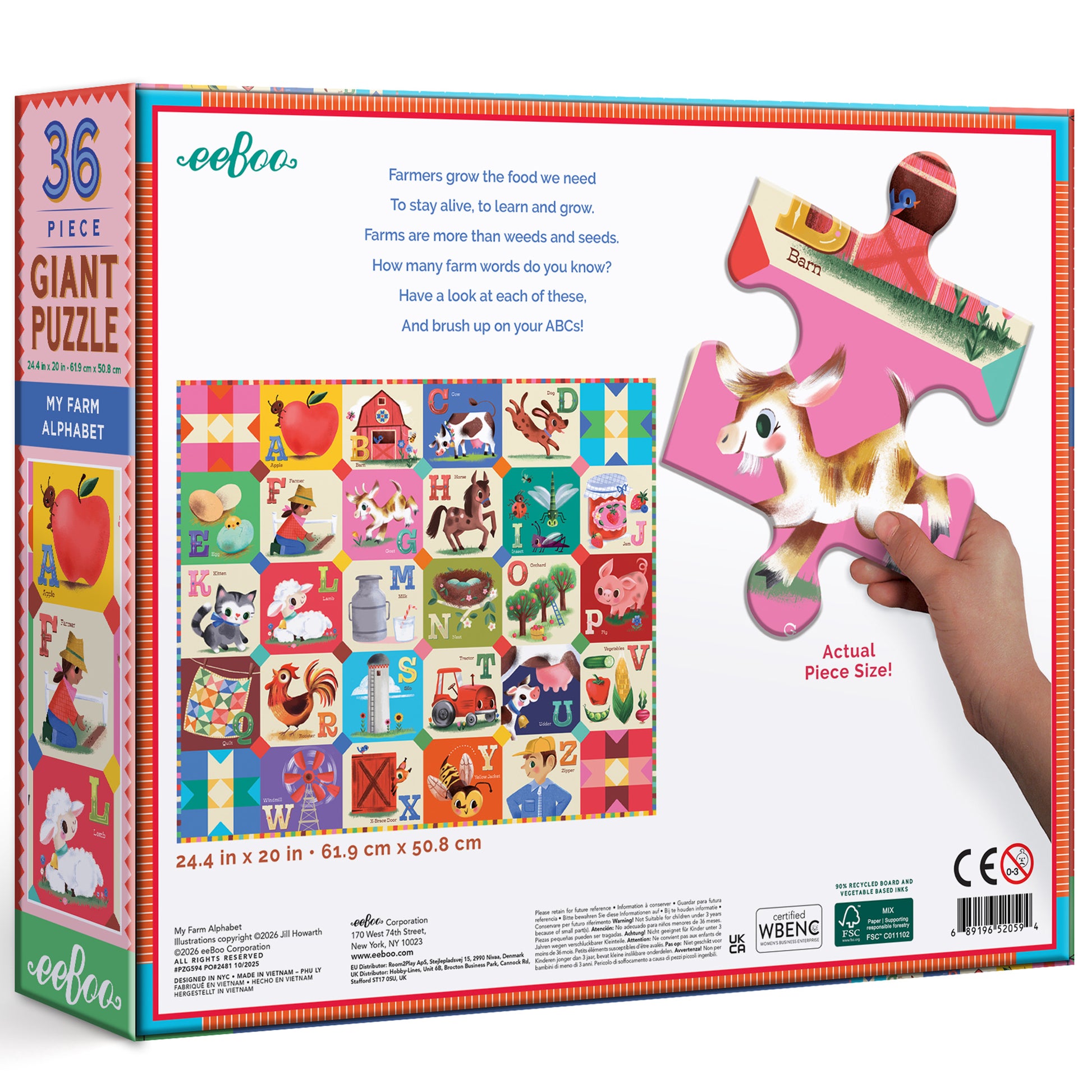 eeBoo 36 Piece Giant My Farm Alphabet Puzzle with colorful farm animals and letters