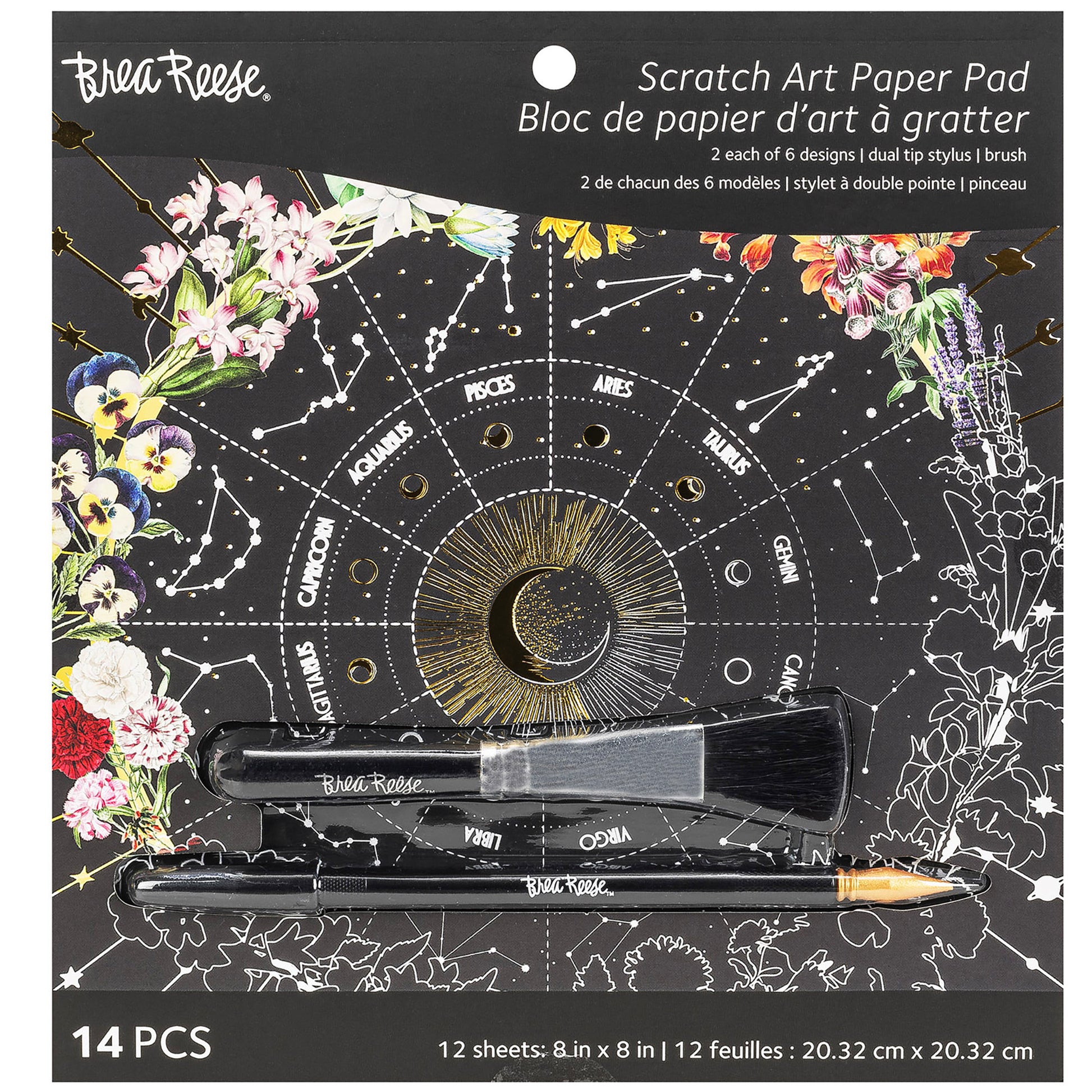 Scratch Art Paper Pad Whimsical Celestial with dual tip stylus and brush