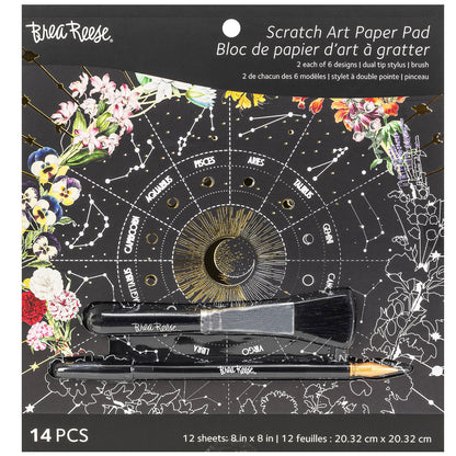 Scratch Art Paper Pad Whimsical Celestial with dual tip stylus and brush
