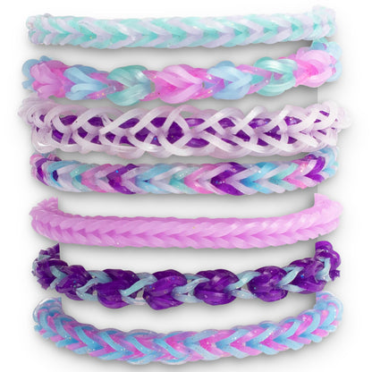 Rainbow Loom Sparkle Pop Treasure Box with 7 colorful braided rubber band bracelets in pink, purple, blue, and turquoise