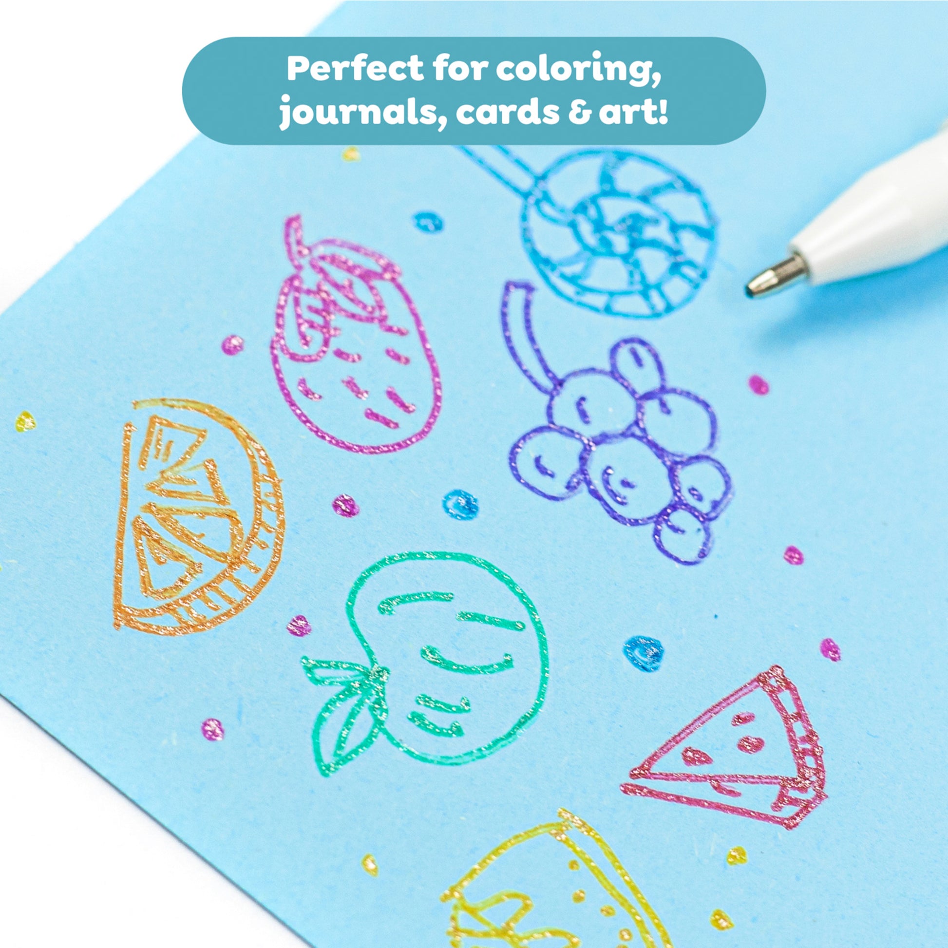 Tiger Tribe Shimmer Gel Pens 10 pack with sparkling fruity and dessert scent drawings on blue paper