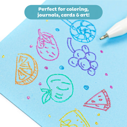 Tiger Tribe Shimmer Gel Pens 10 pack with sparkling fruity and dessert scent drawings on blue paper