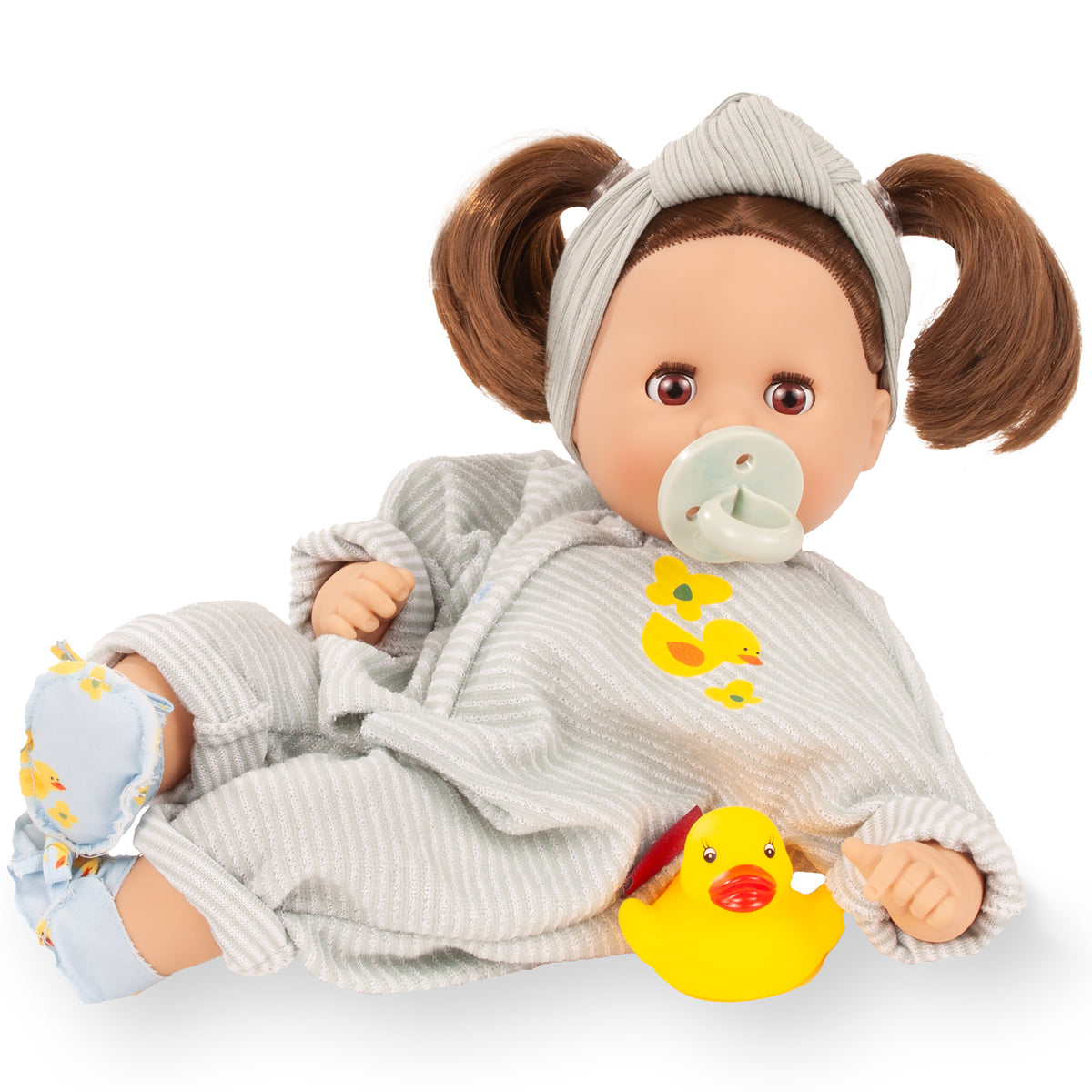 Gotz Cosy Aquini 13" baby doll with brown hair, gray outfit, pacifier, and yellow duck bath toy