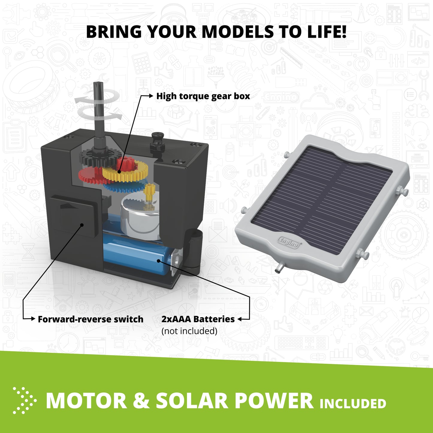 Engino Solar Power STEM building set with motorized gear box, solar panel, and forward-reverse switch