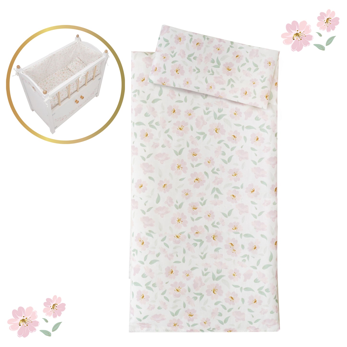 509 Crew Little Flora wooden doll cabinet bed with pink floral bedding set