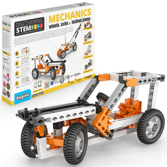 Engino Discovering STEM Mechanics building set with orange and white construction pieces forming a wheeled vehicle model