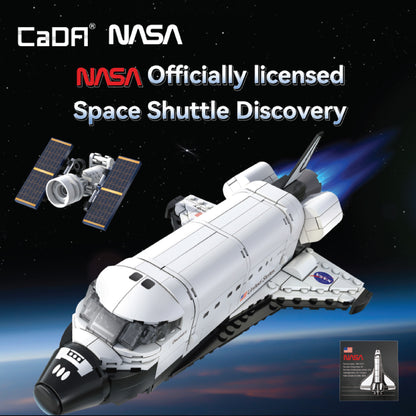 CaDA NASA Space Shuttle Discovery building set with white shuttle, satellite, and display stand