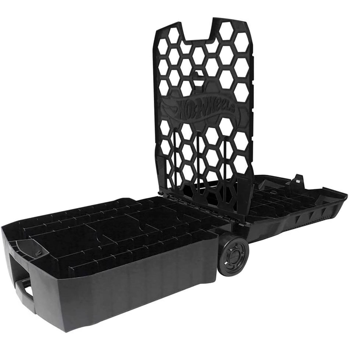 Hot Wheels 100-Car Rolling Storage Case with hexagonal honeycomb design and retractable handle