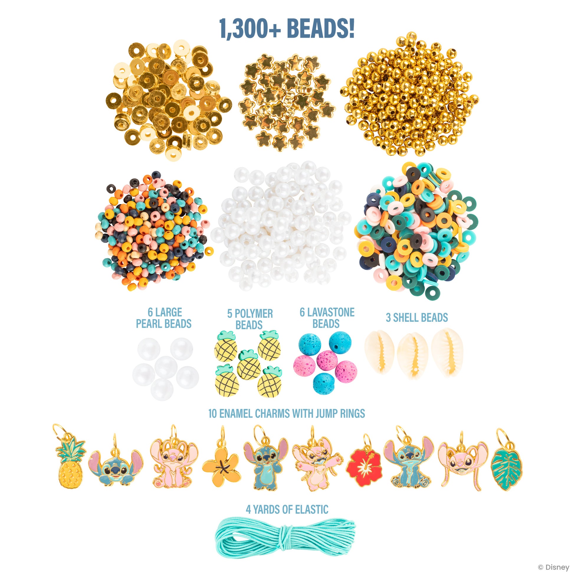 Disney Stitch DIY Jewelry Kit with 1,300+ beads, charms, and elastic to make 10 bracelets