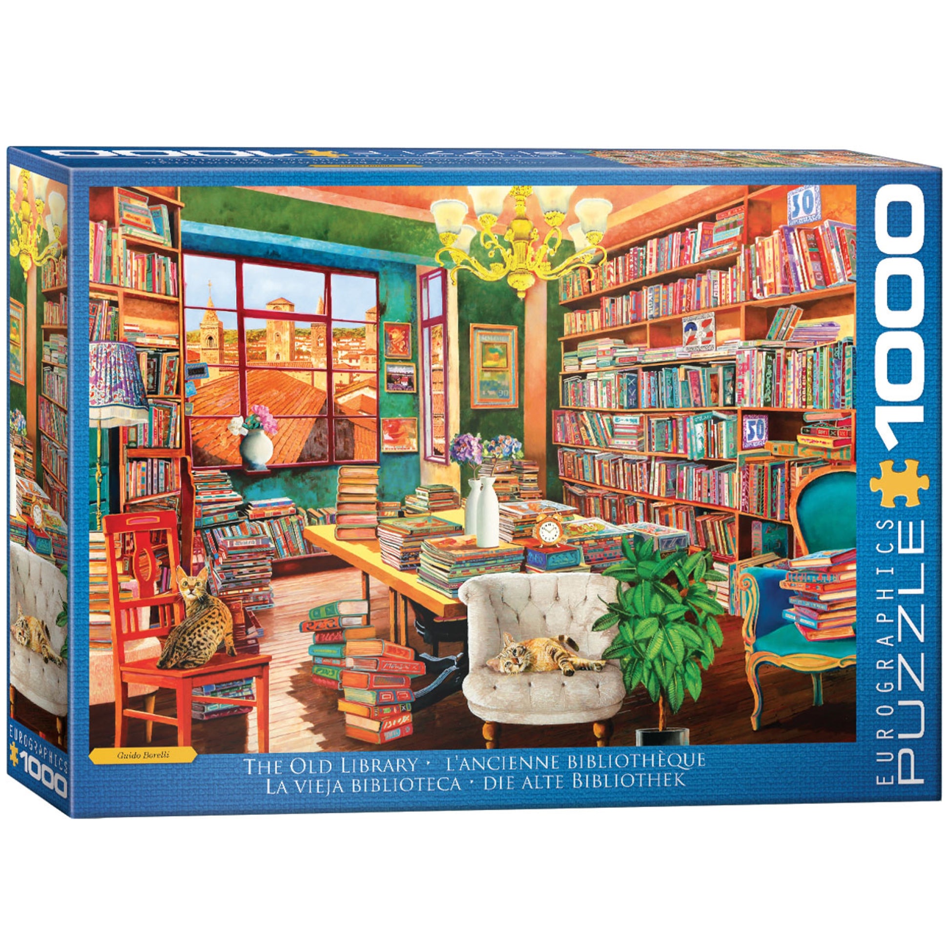 Eurographics The Old Library 1000 Piece Puzzle featuring colorful bookroom scene with shelves and reading nook