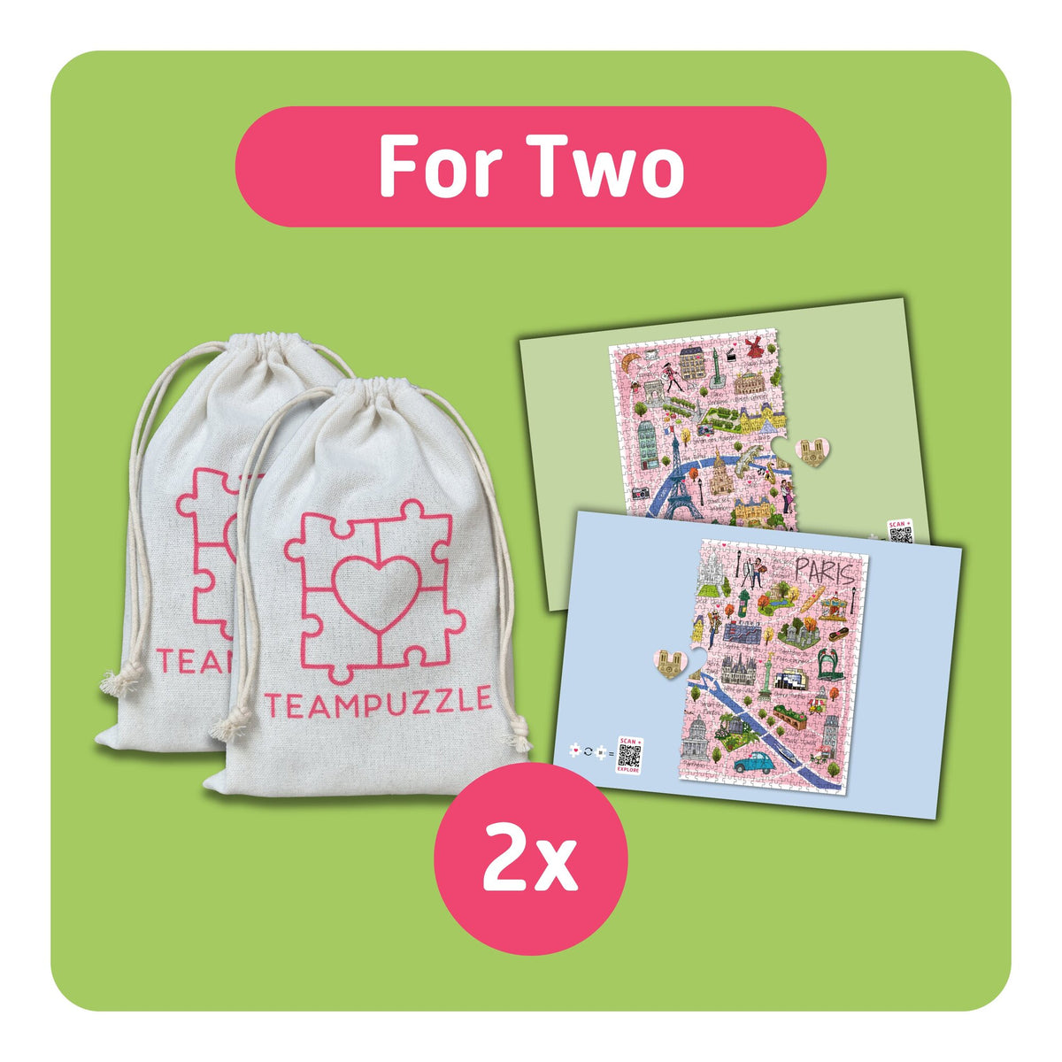 TEAMPUZZLE Paris 1000pc jigsaw puzzle for two players with cream drawstring bags