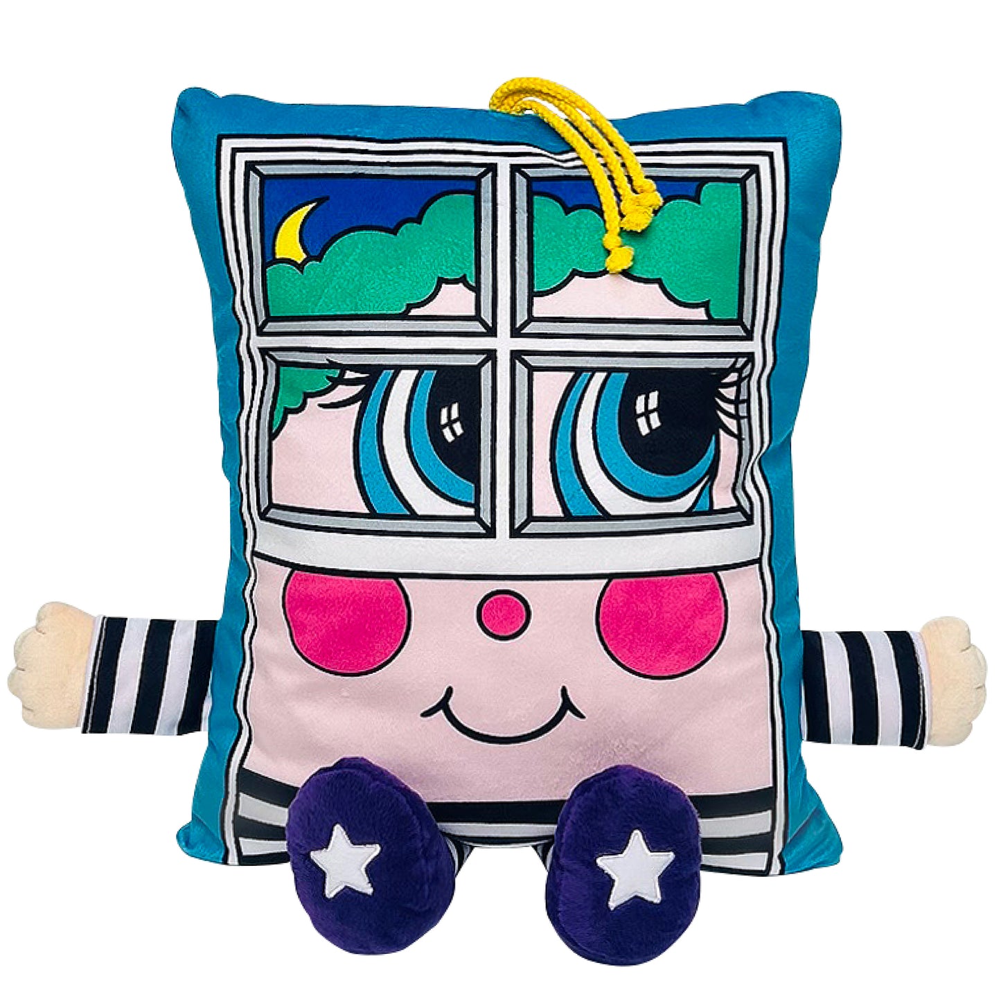 Pillow People Window Rattler plush toy with smiling face, pink and blue colors, striped arms