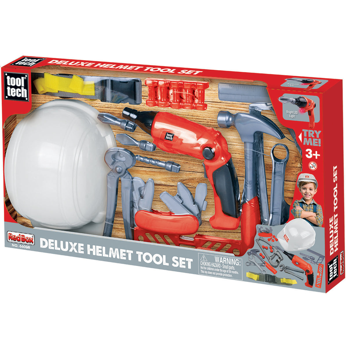 Tool Tech Deluxe Helmet Tool Set with white helmet, red tools, and accessories displayed on packaging