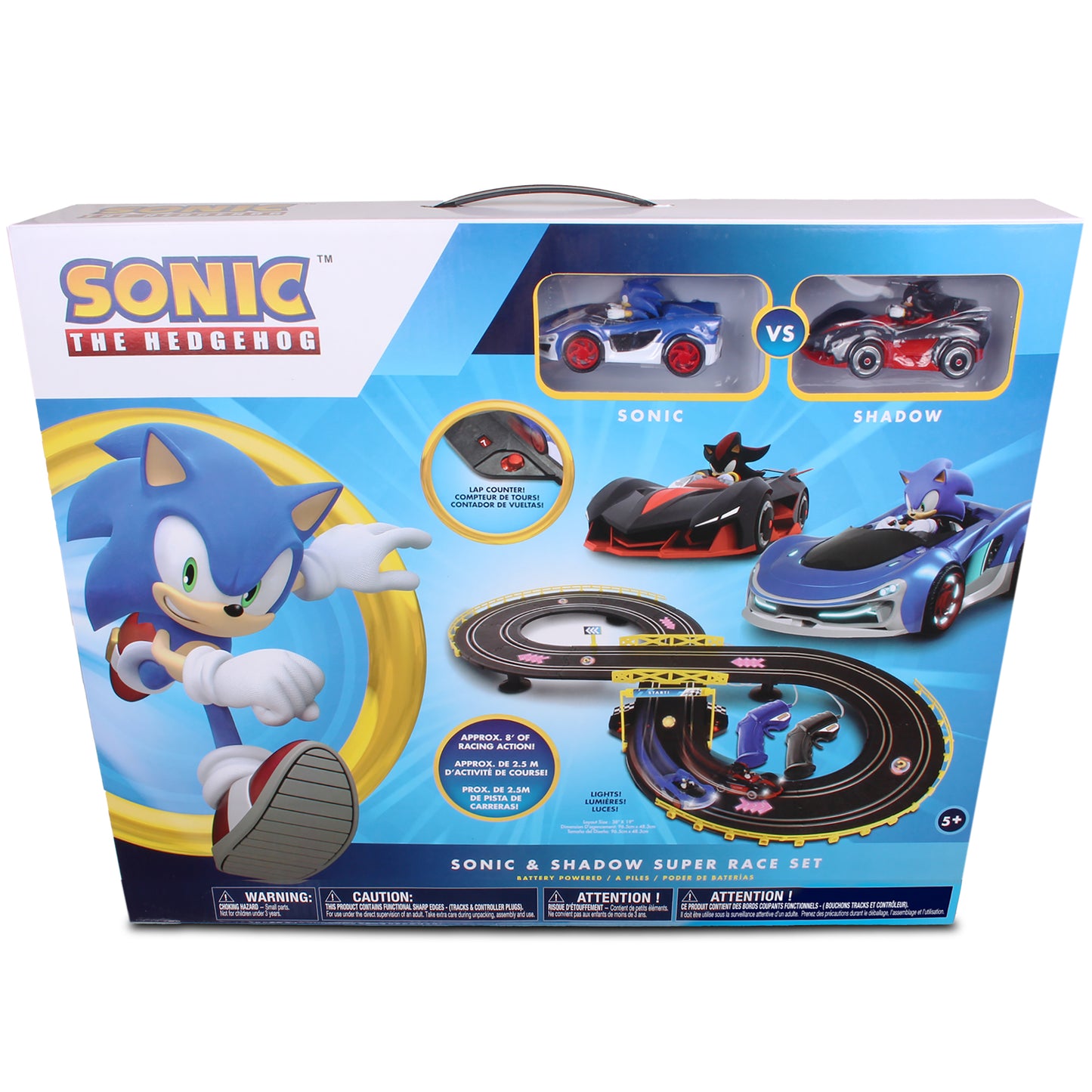 NKOK Sonic Crossworlds Slot Car Race Set with blue Sonic and red Shadow racing cars on track