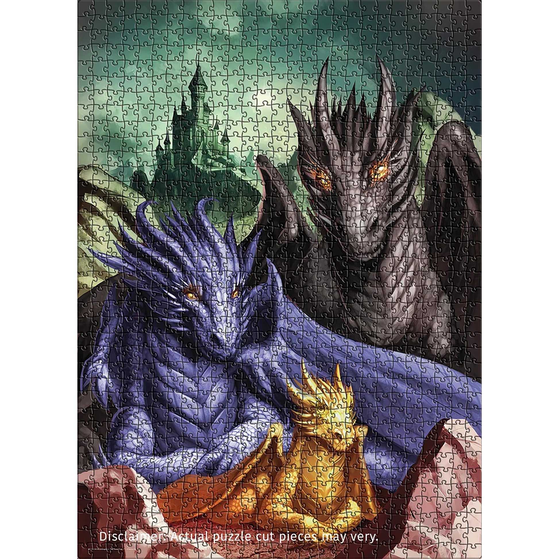 Eurographics Fourth Wing 1000 piece puzzle featuring blue and brown dragons with castle