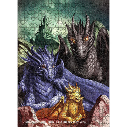 Eurographics Fourth Wing 1000 piece puzzle featuring blue and brown dragons with castle