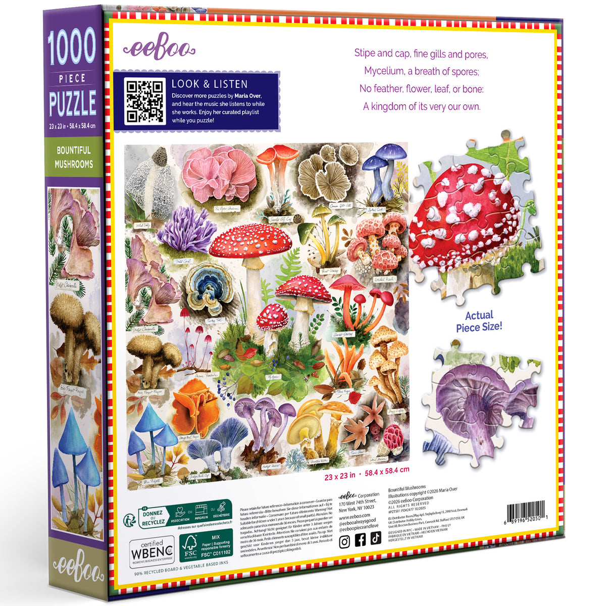 Bountiful Mushrooms 1000 piece puzzle by eeBoo featuring colorful illustrated mushrooms and fungi in red, purple, blu...
