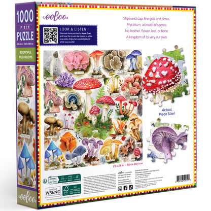 Bountiful Mushrooms 1000 piece puzzle by eeBoo featuring colorful illustrated mushrooms and fungi in red, purple, blu...