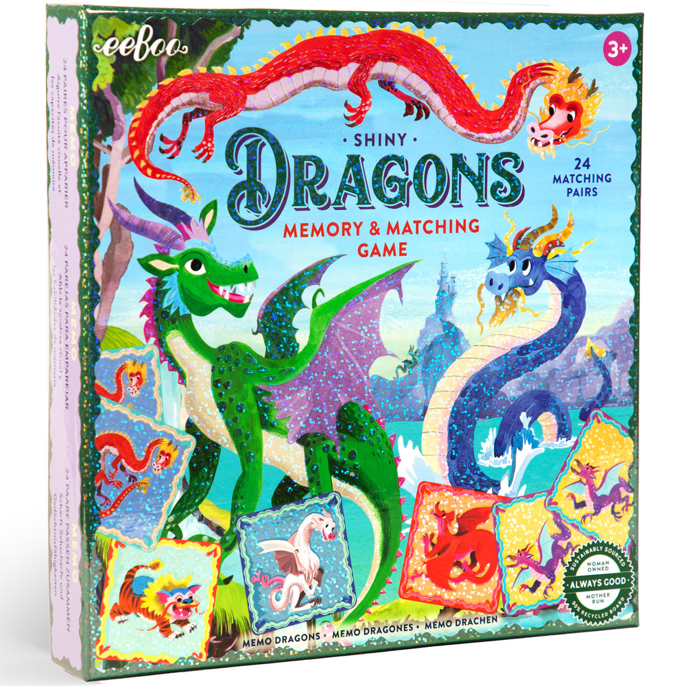 Shiny Dragons Memory & Matching Game box with colorful illustrated dragons and 24 matching pairs for ages 3+
