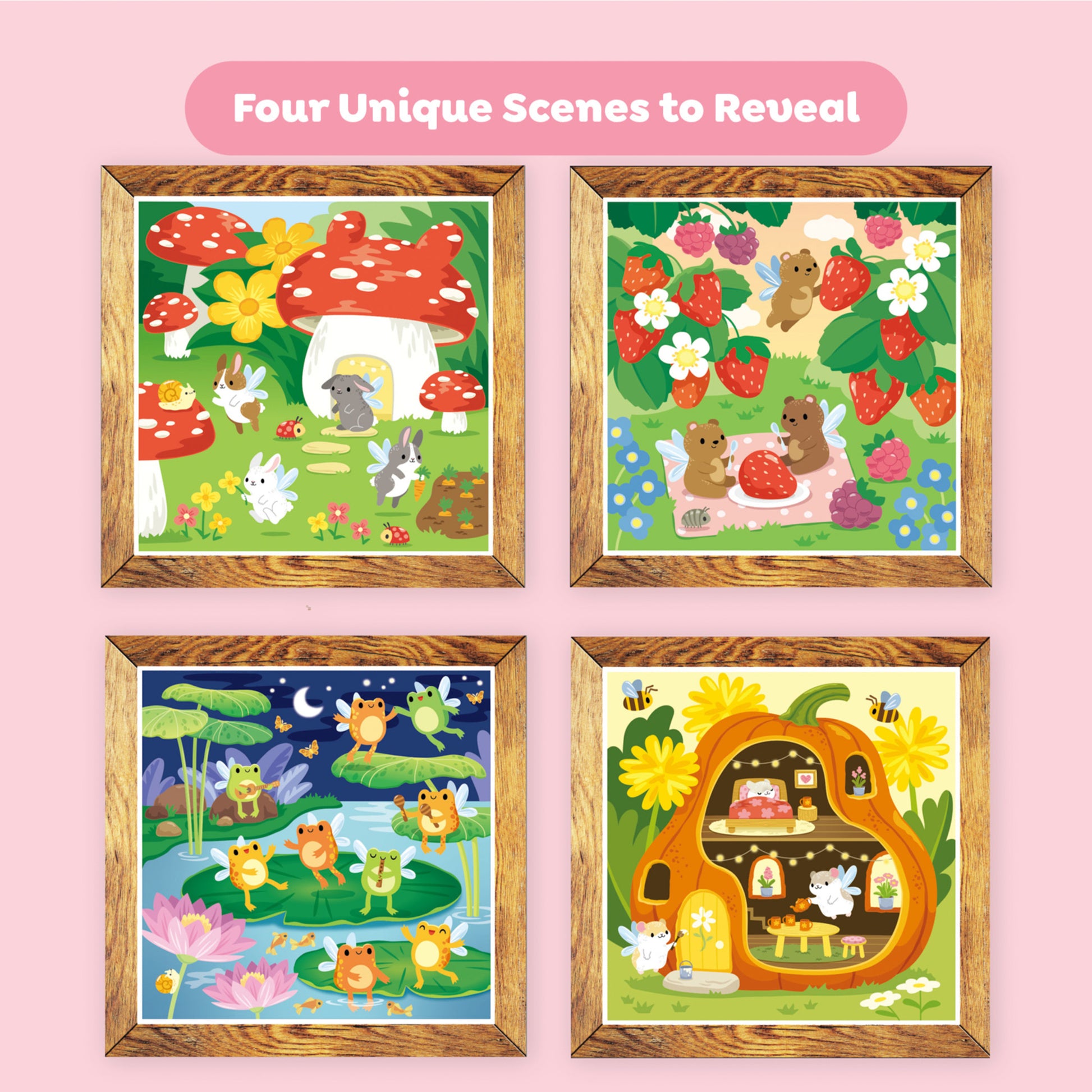 Tiger Tribe Magic Water Painting Set showing four colorful fairy-themed scenes with woodland animals and flowers