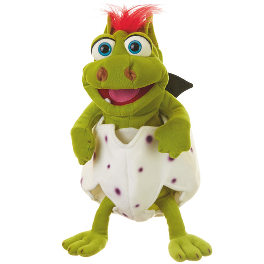 Green plush hand puppet dinosaur with red spiky hair, large blue eyes, pink open mouth, white spotted belly, and black back spikes