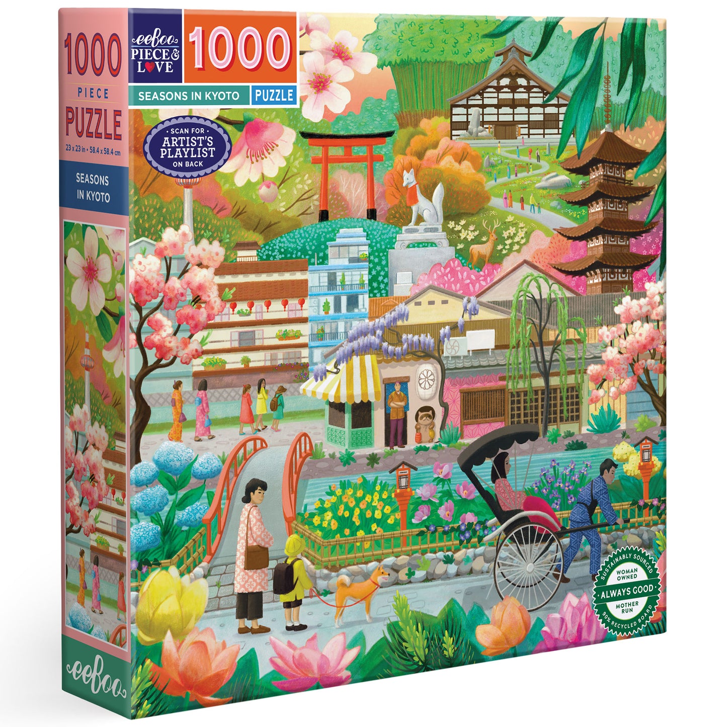 eeBoo Seasons in Kyoto 1000 piece puzzle featuring colorful Japanese garden scene with flowers and architecture