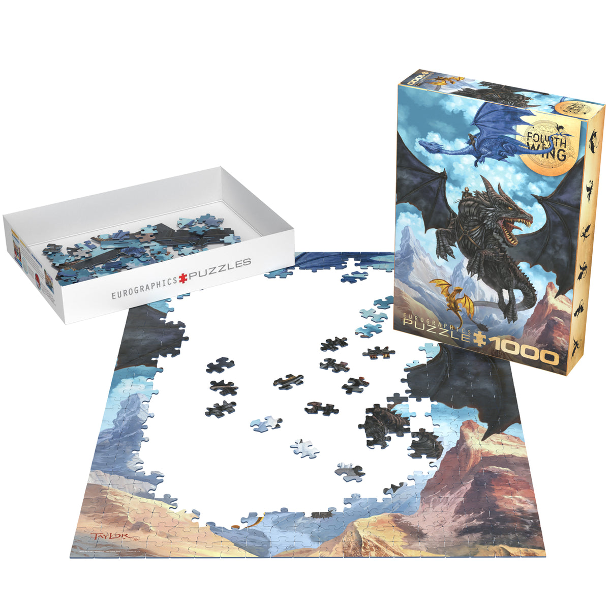 Eurographics Fourth Wing 1000 piece jigsaw puzzle featuring dragon rider Violet with dark dragon against blue sky