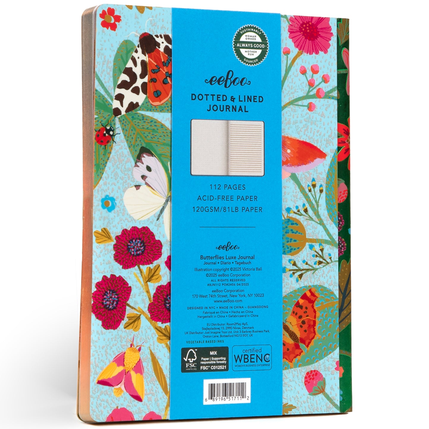 eeBoo Piece & Love Luxe Journal - Butterflies - Gilded 112pg Notebook
